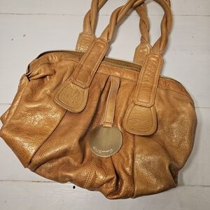 Gustto Tan Leather Shoulder Bag with Signature Medallion